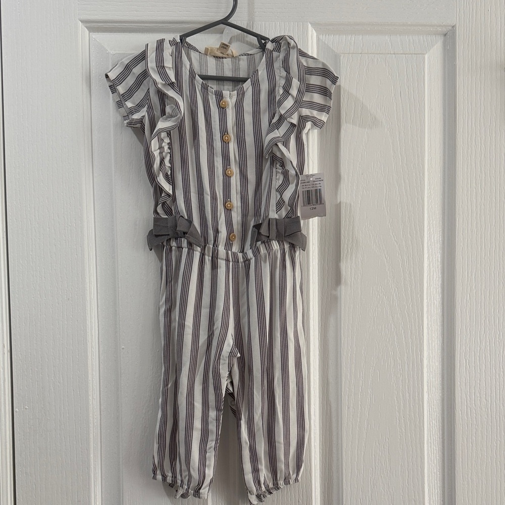 NWT Jessica Simpson Baby Girl Striped Ruffle Romper Jumpsuit 12M Gray White